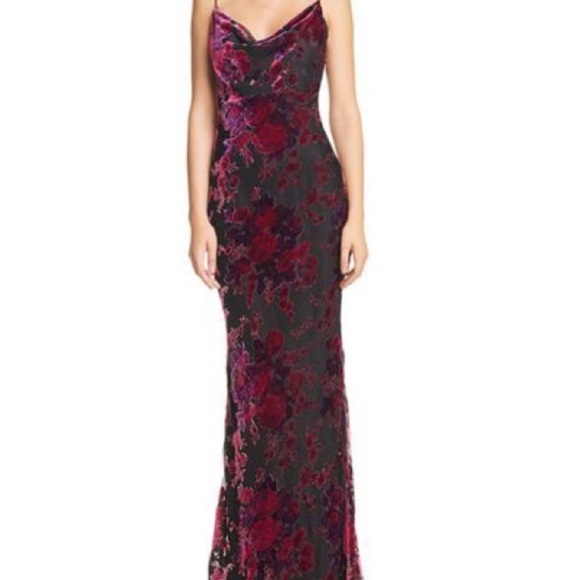 Revolve Likely Midori Gown Velvet Burnout Cowl Neck Floral Fuchsia Black 8 NWT - Picture 4 of 11